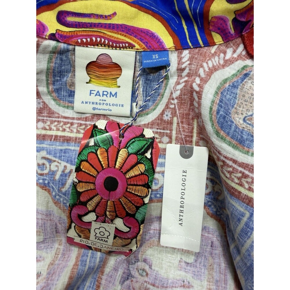 Farm Rio Anthropologie Shirt Dress Mini Scalloped Linen Vacay Preppy Size XS NWT - Picture 12 of 12